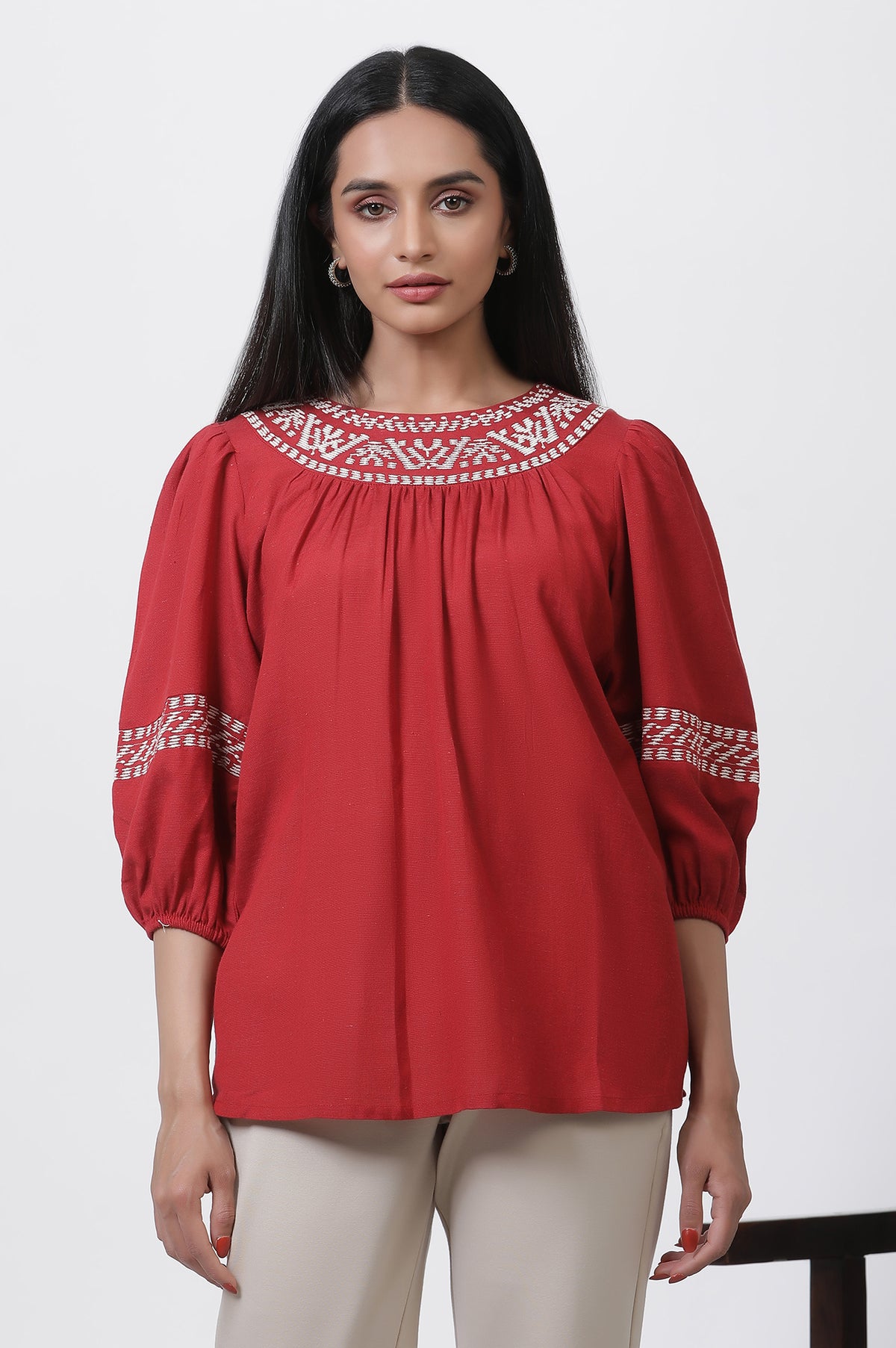 Brick Red Thread Embroidered Top - S