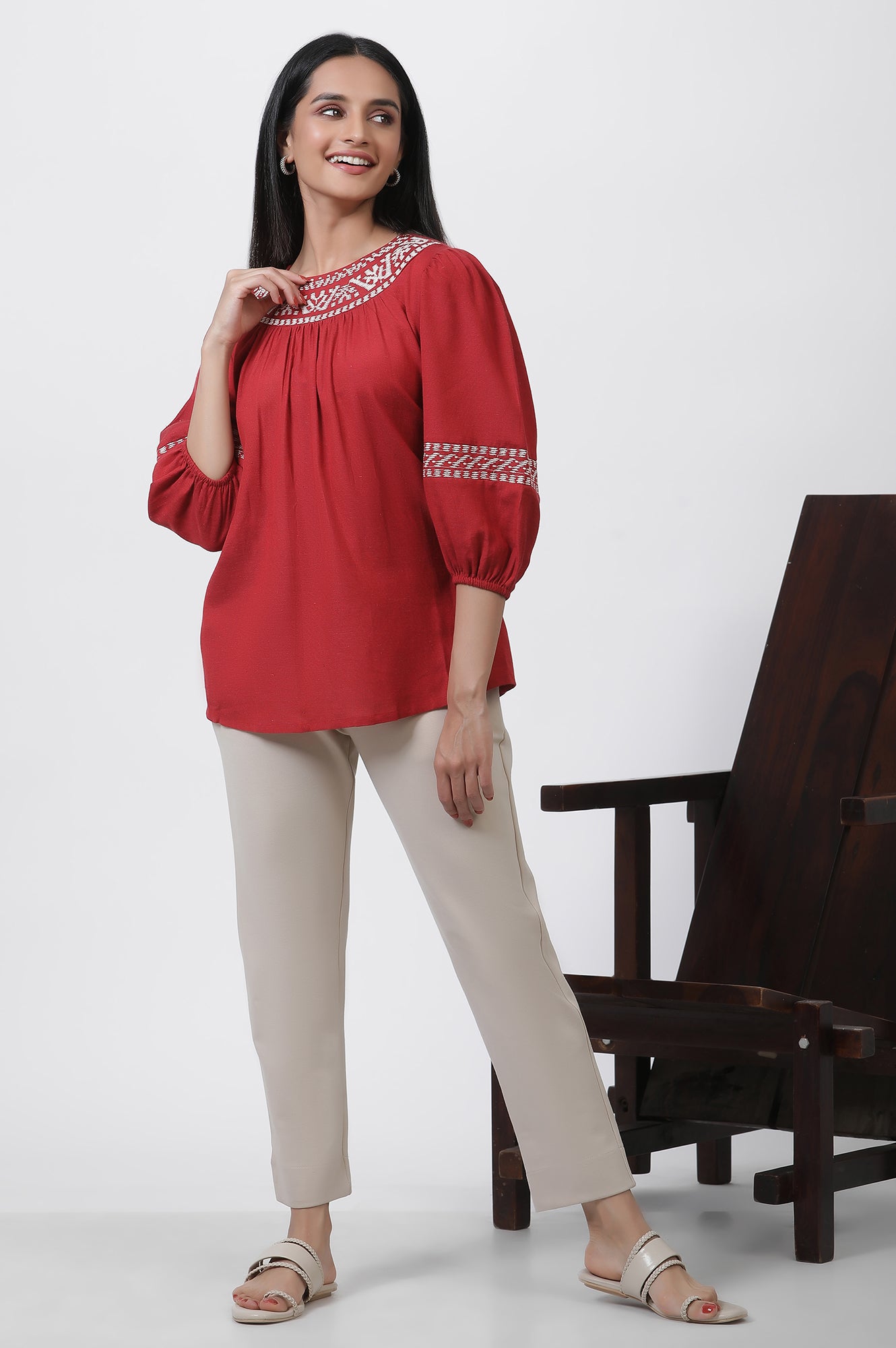 Buy Brick Red Thread Embroidered Top @ 1899 | W for woman – wforwoman