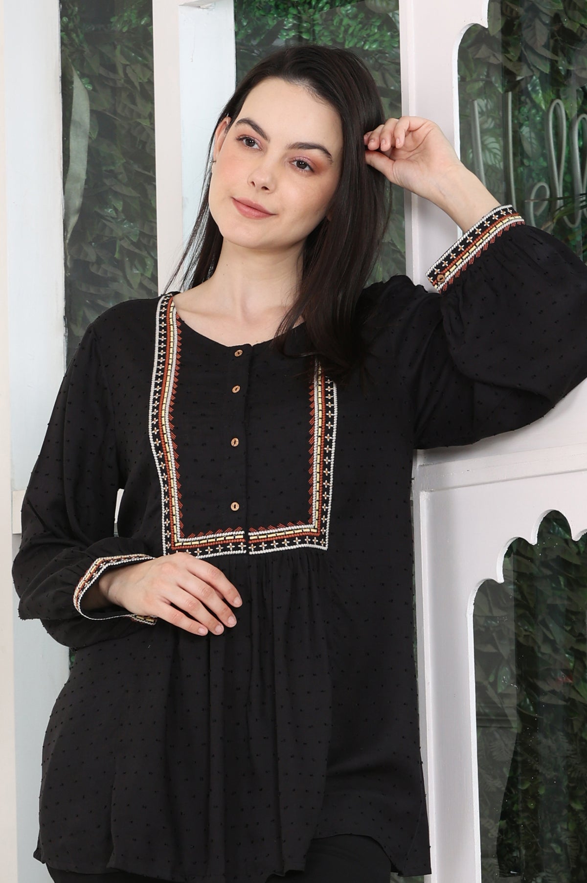 Raven Black Textured Thread Embroidered Yoke Top - XS