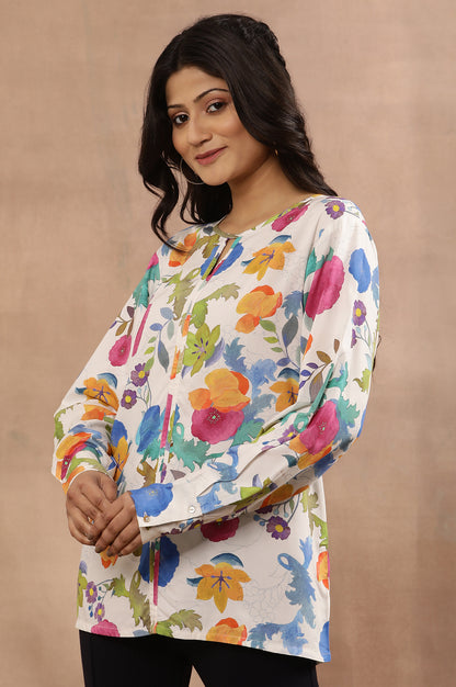 White Floral Printed Western Top