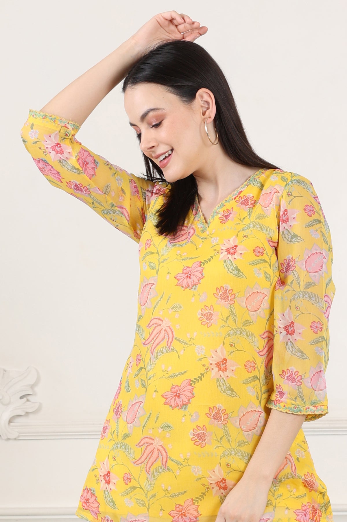 Yellow Floral Printed Chiffon Tunic With Embroidered Neckline - L