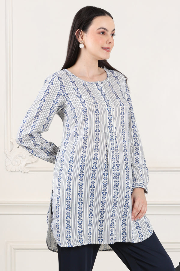 White Floral Printed Rayon Flax Tunic With Front Pleats