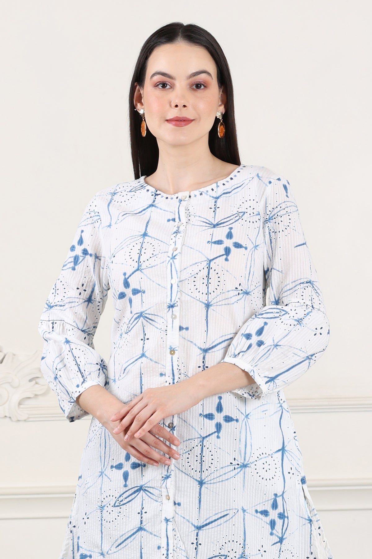 White And Blue Printed Pure Cotton Button Down Tunic With Puffed Sleeves - XS