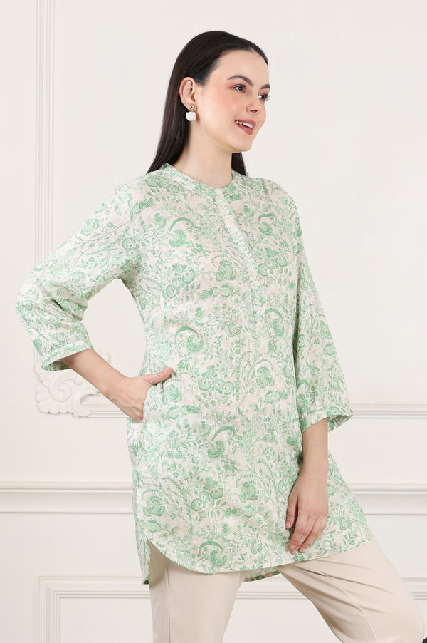 White Floral Printed Swiss Dot Straight Tunic