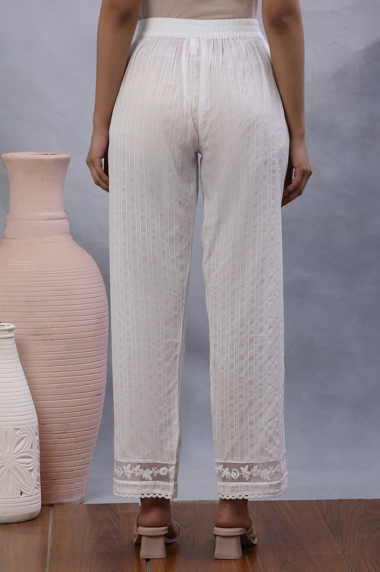 Ecru Lurex Stripes Pants With Embroidered Hemline - wforwoman