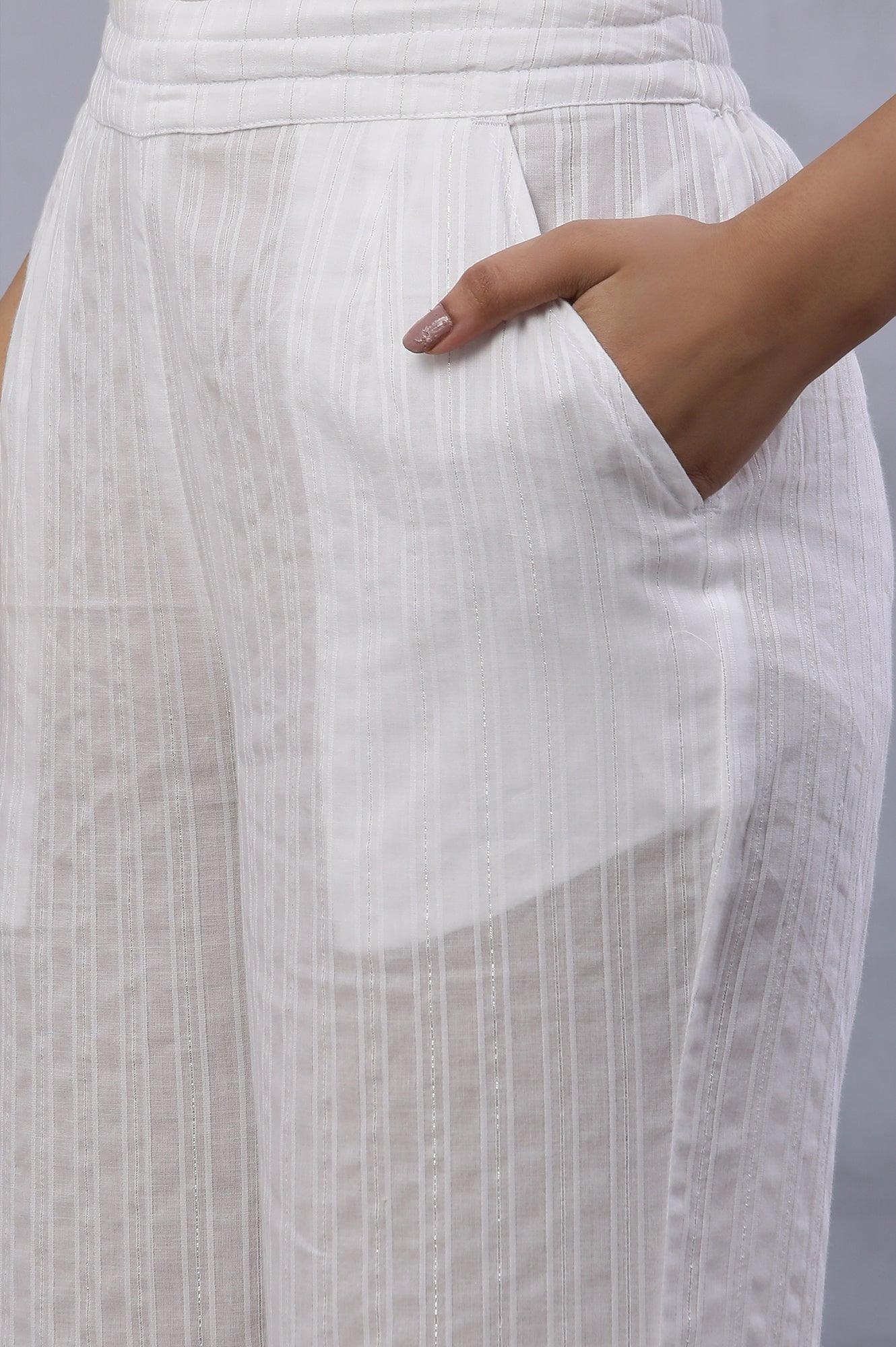 Ecru Lurex Stripes Pants With Embroidered Hemline - wforwoman