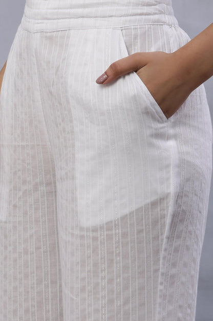 Ecru Lurex Stripes Pants With Embroidered Hemline - wforwoman