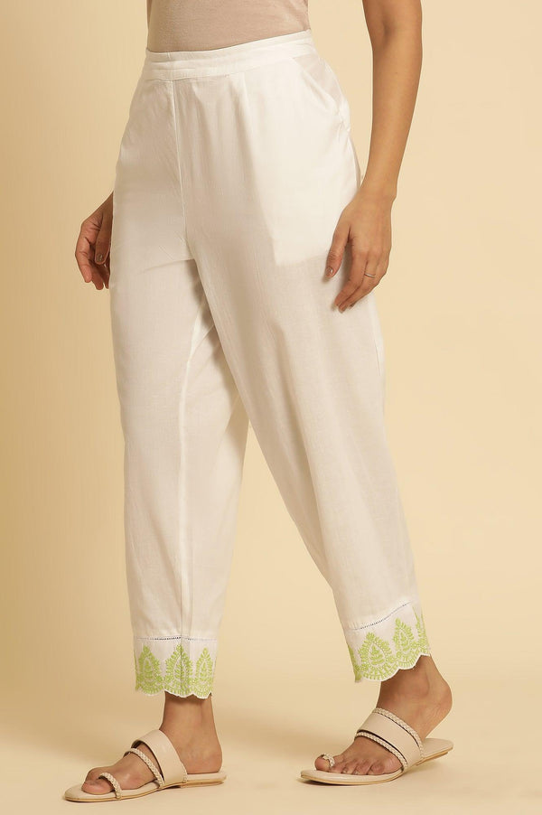 Ecru Straight Pants With Embroidered Hemline