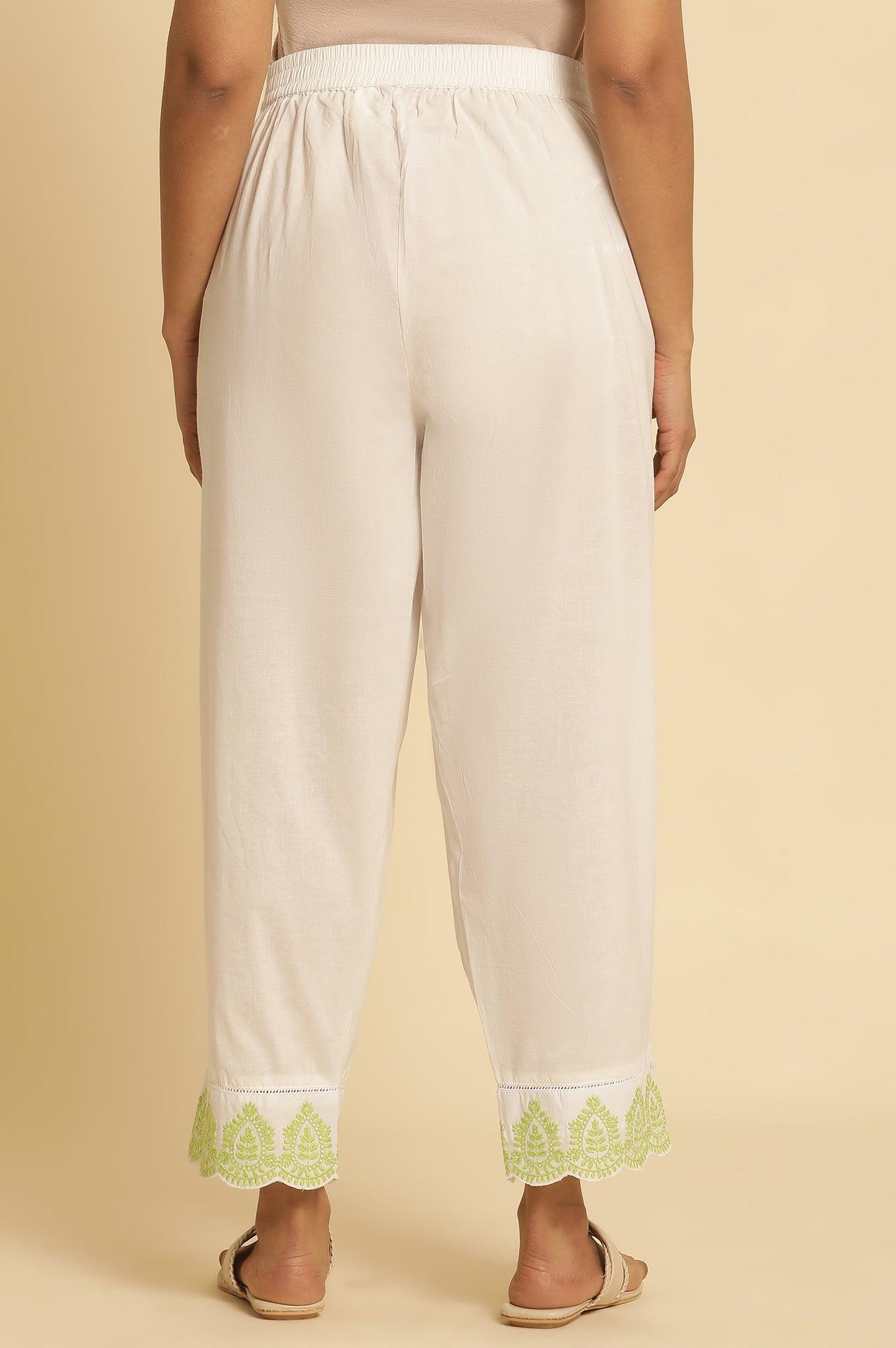 Ecru Straight Pants With Embroidered Hemline - wforwoman