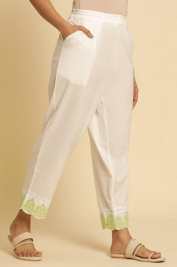 Ecru Straight Pants With Embroidered Hemline