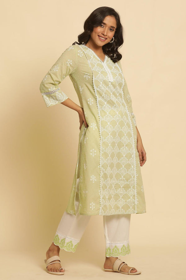 Ecru Straight Pants With Embroidered Hemline