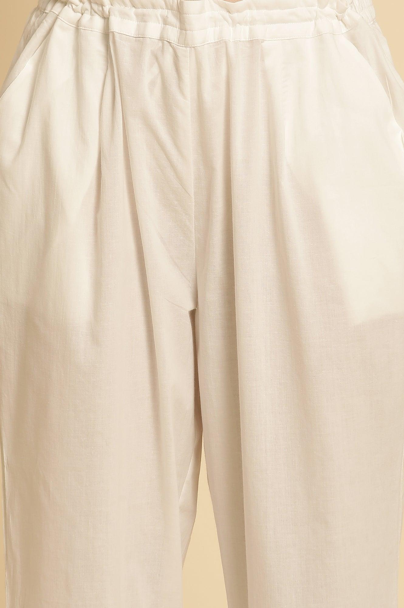 Ecru Straight Pants With Embroidered Hemline - wforwoman