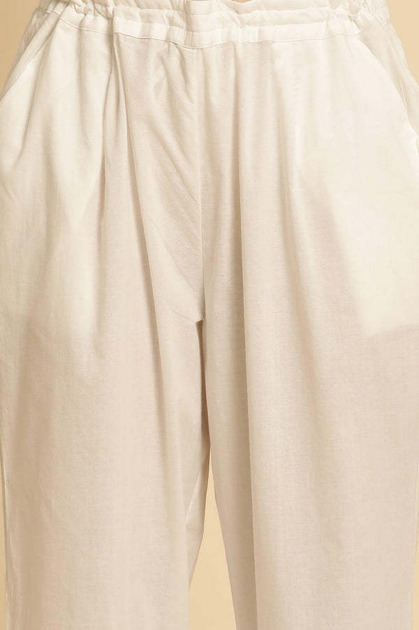 Ecru Straight Pants With Embroidered Hemline