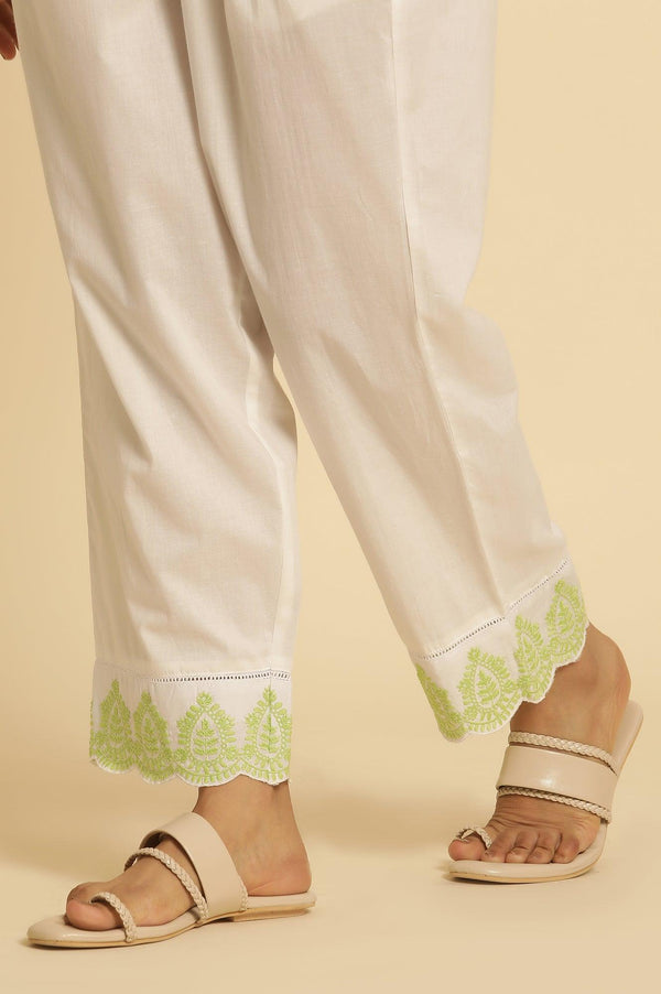 Ecru Straight Pants With Embroidered Hemline