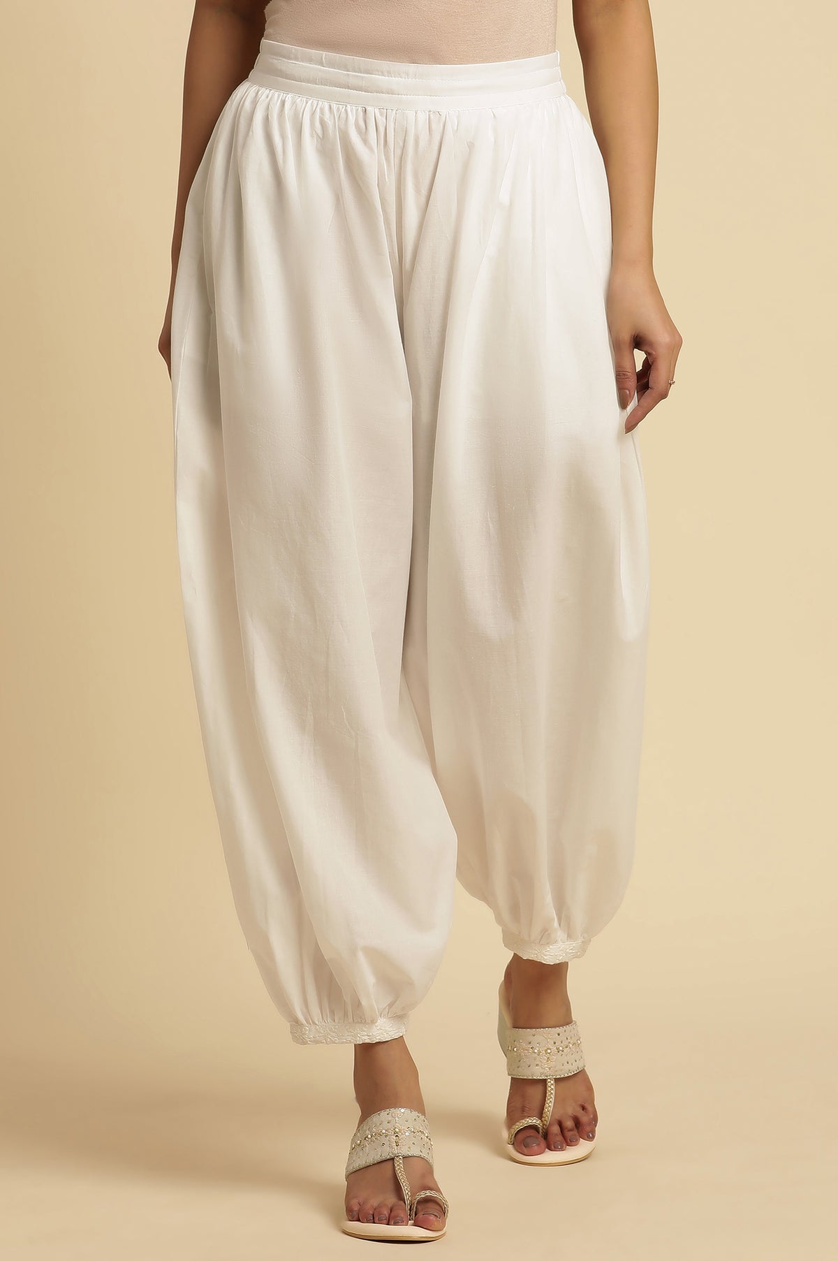 Ecru Solid Gathered Salwar Pants - XS