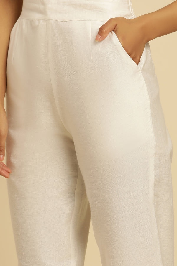 Ecru Solid Straight Pants With Embroidered Hemline