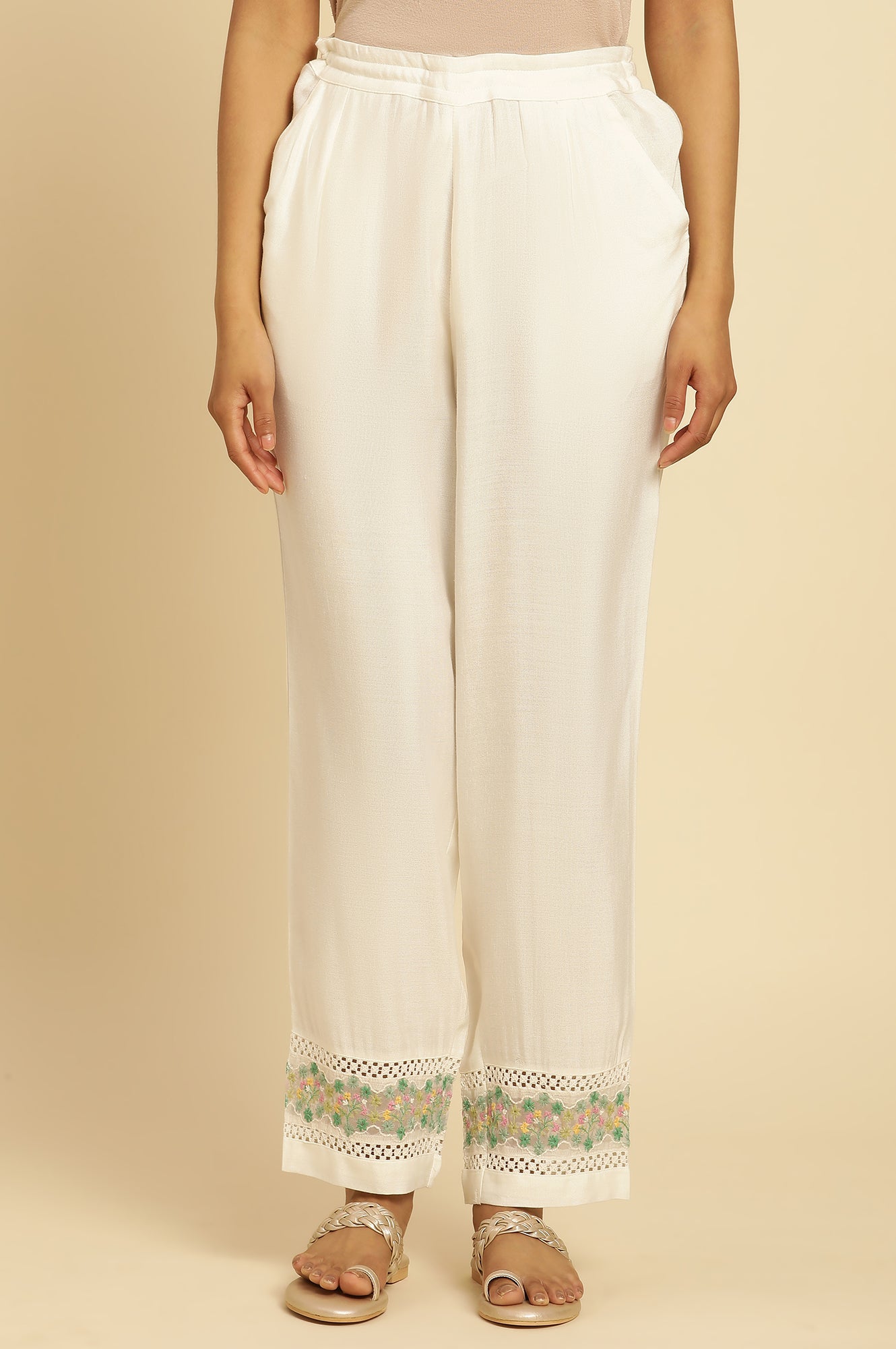 White Straight Pants With Embroidered Hemline