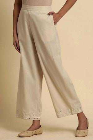 Ecru Striper Pants With Thread & Mirror Work