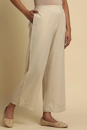 Ecru Striper Pants With Thread &amp; Mirror Work - wforwoman