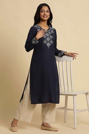 Ecru Striper Pants With Thread &amp; Mirror Work - wforwoman