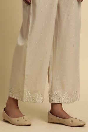 Ecru Striper Pants With Thread &amp; Mirror Work - wforwoman