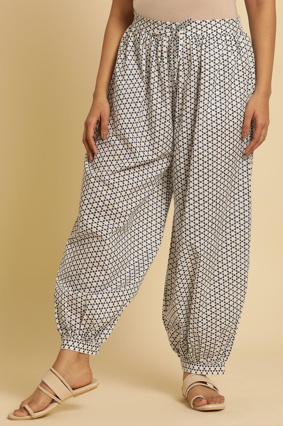 White Gathered Salwar With Blue Triangle Print - XS