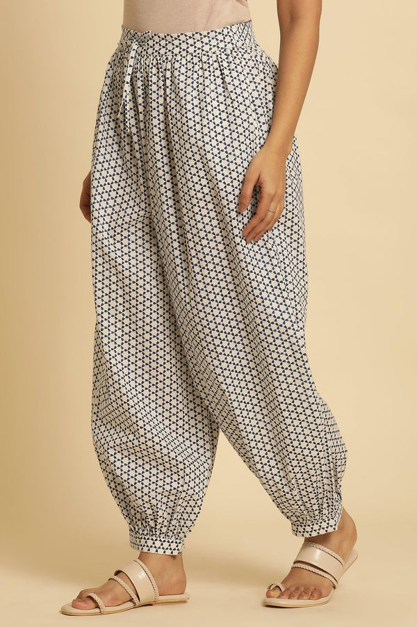 White Gathered Salwar With Blue Triangle Print