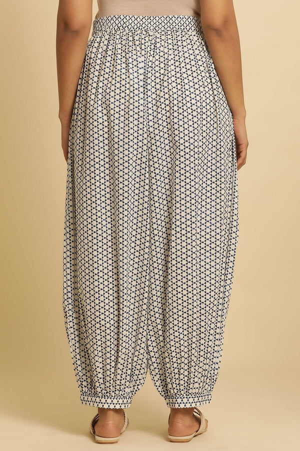 White Gathered Salwar With Blue Triangle Print