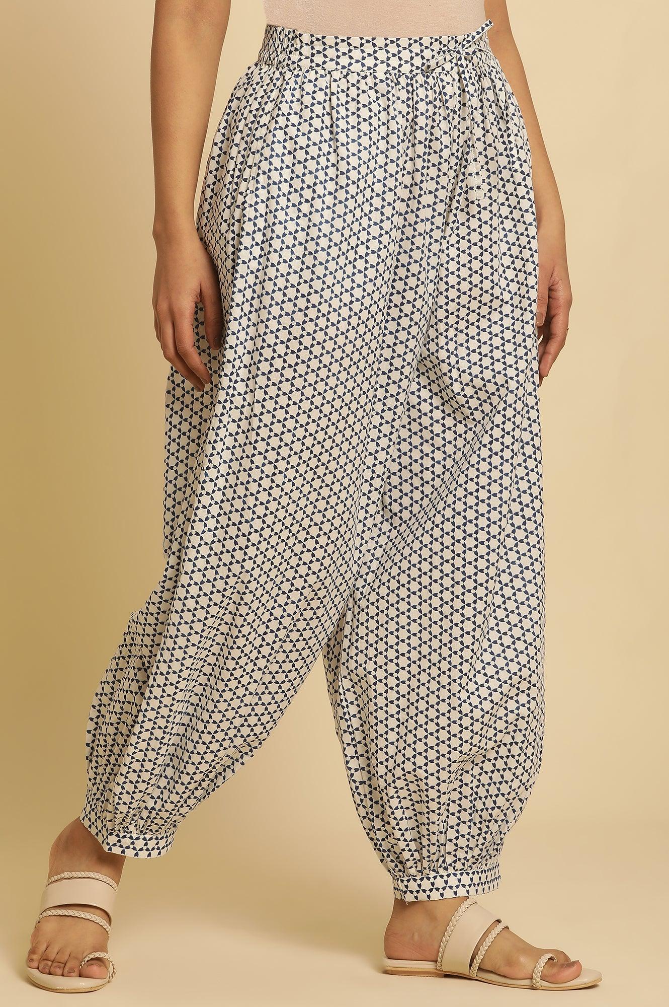 White Gathered Salwar With Blue Triangle Print - wforwoman