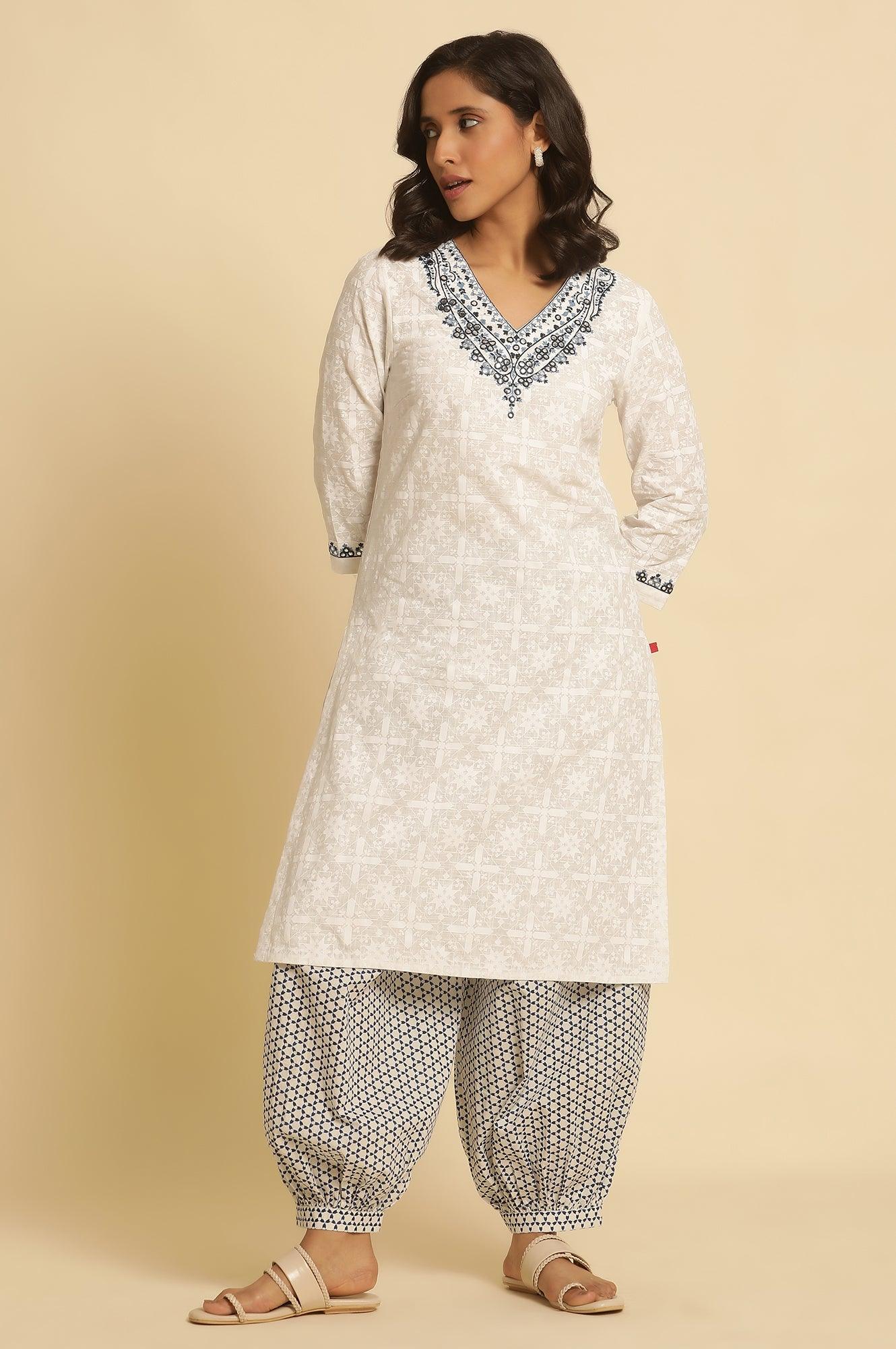 White Gathered Salwar With Blue Triangle Print - wforwoman