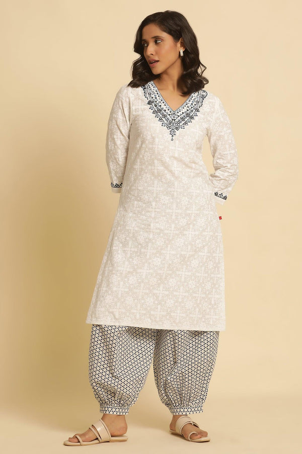 White Gathered Salwar With Blue Triangle Print