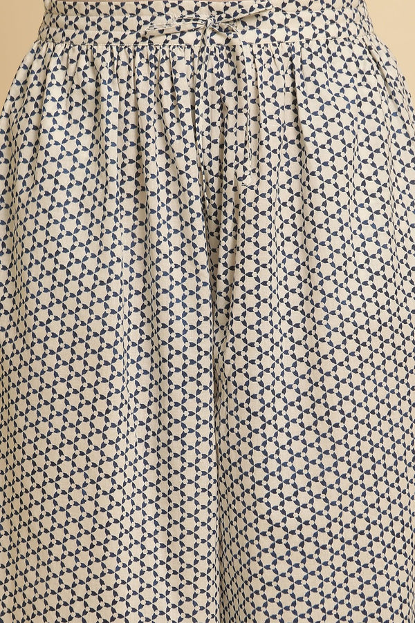 White Gathered Salwar With Blue Triangle Print