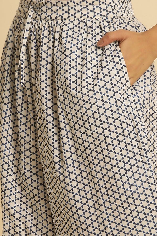 White Gathered Salwar With Blue Triangle Print