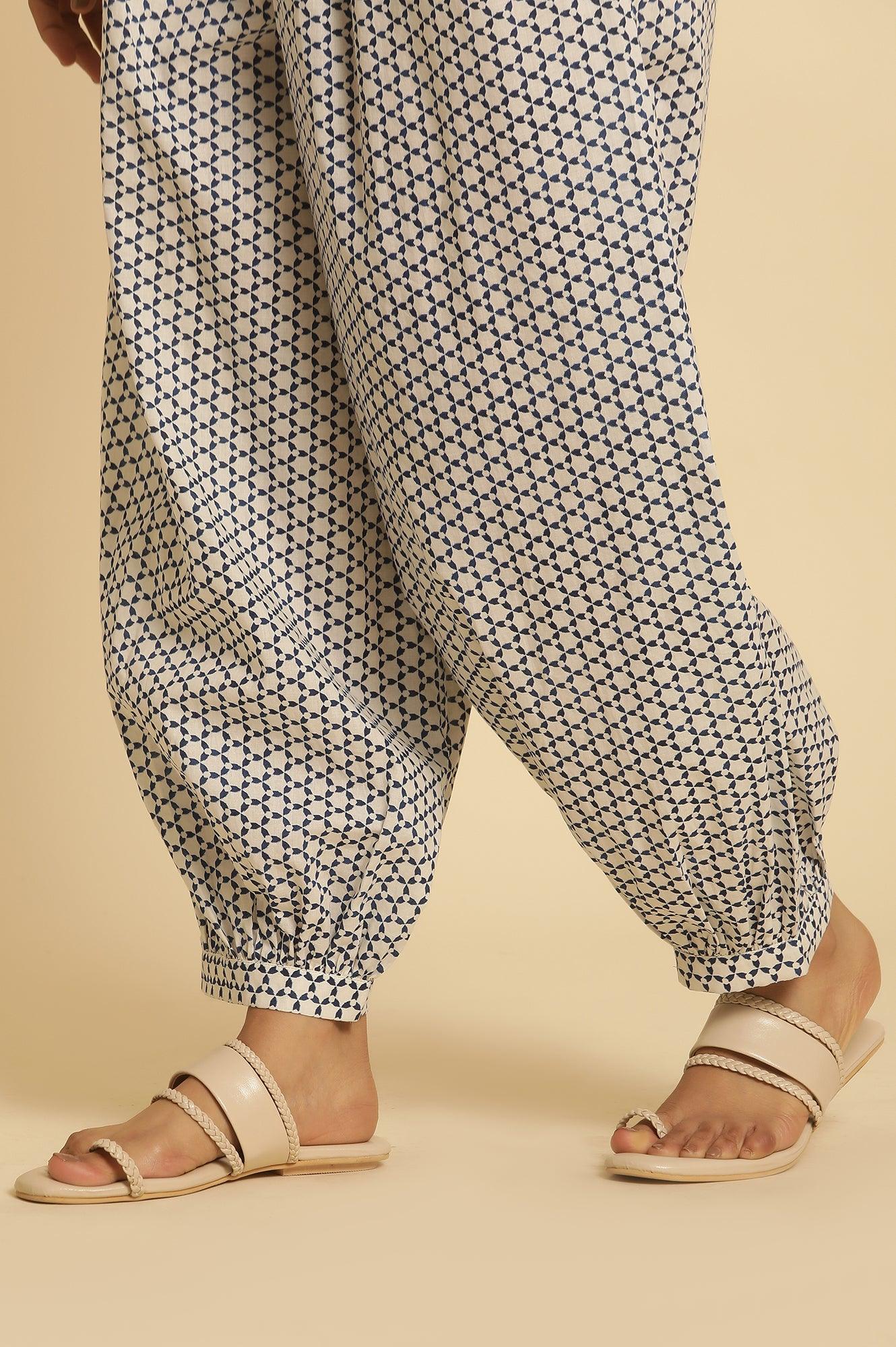 White Gathered Salwar With Blue Triangle Print - wforwoman