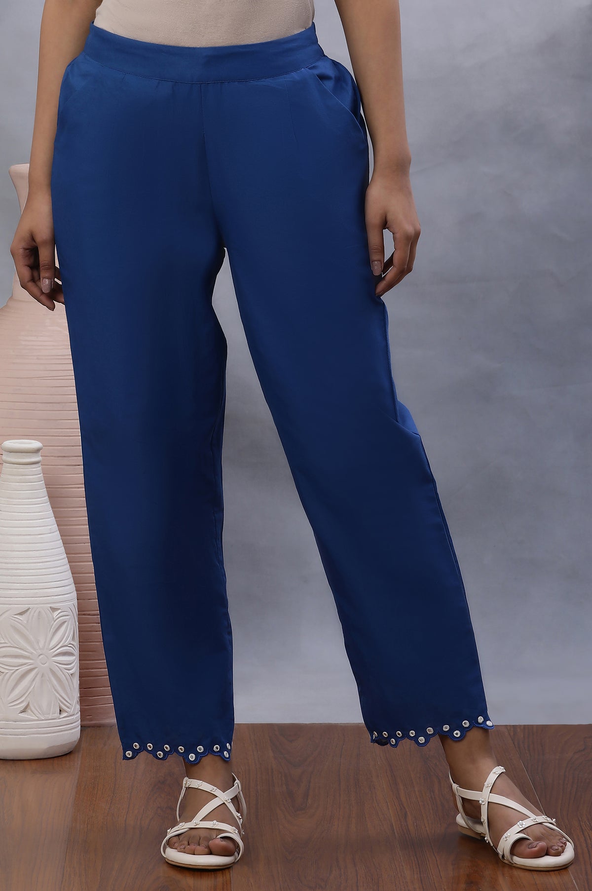 Blue Cotton Straight Pants With Mirror Hemline - S