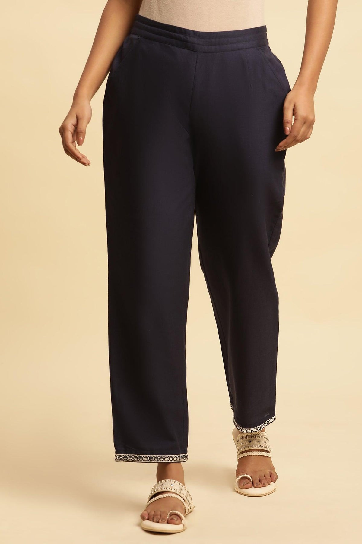 Blue Cotton Flax Straight Pants With Embroidery - S