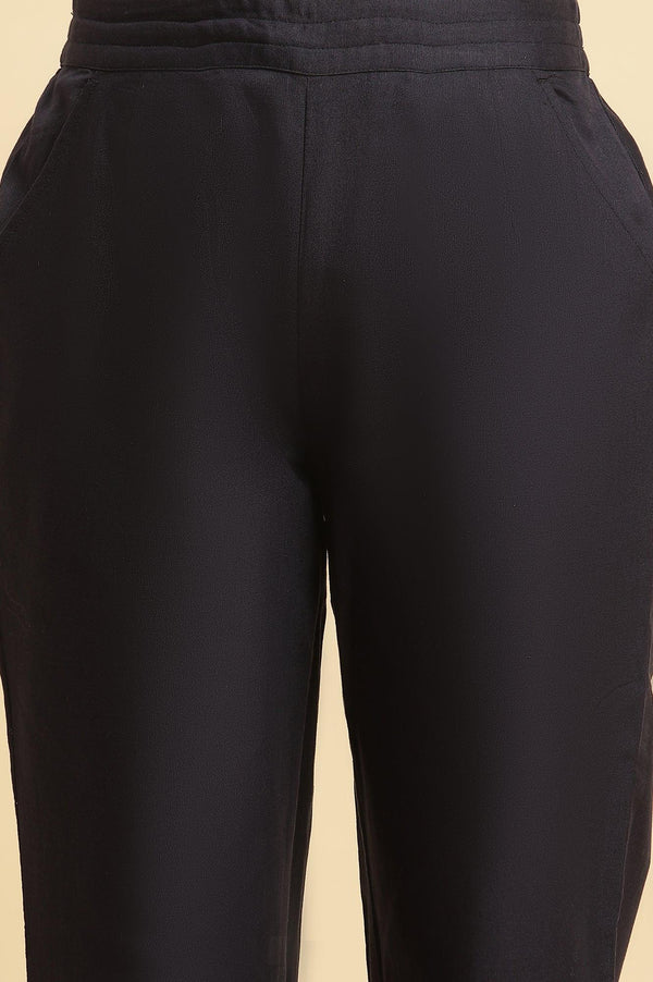 Blue Cotton Flax Straight Pants With Embroidery