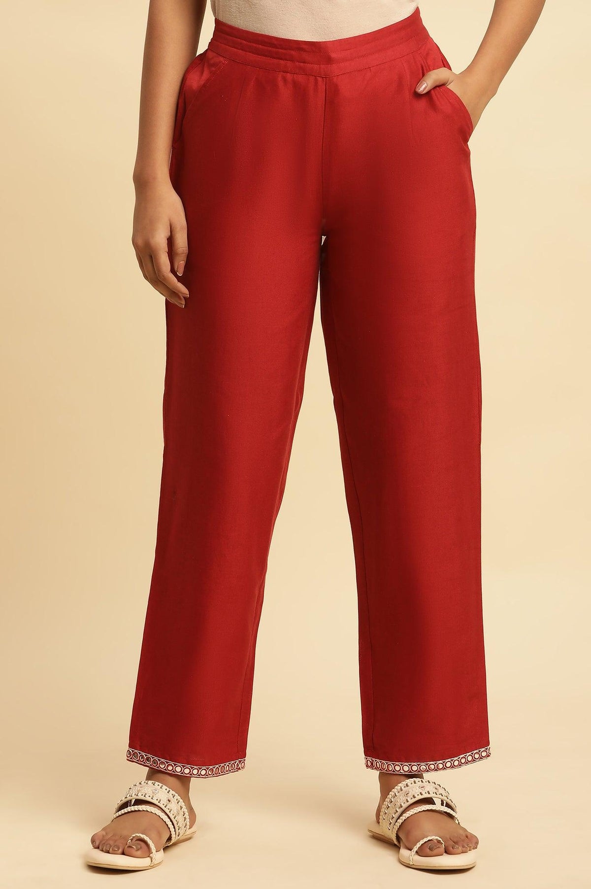 Red Cotton Flax Straight Pants With Embroidery - S