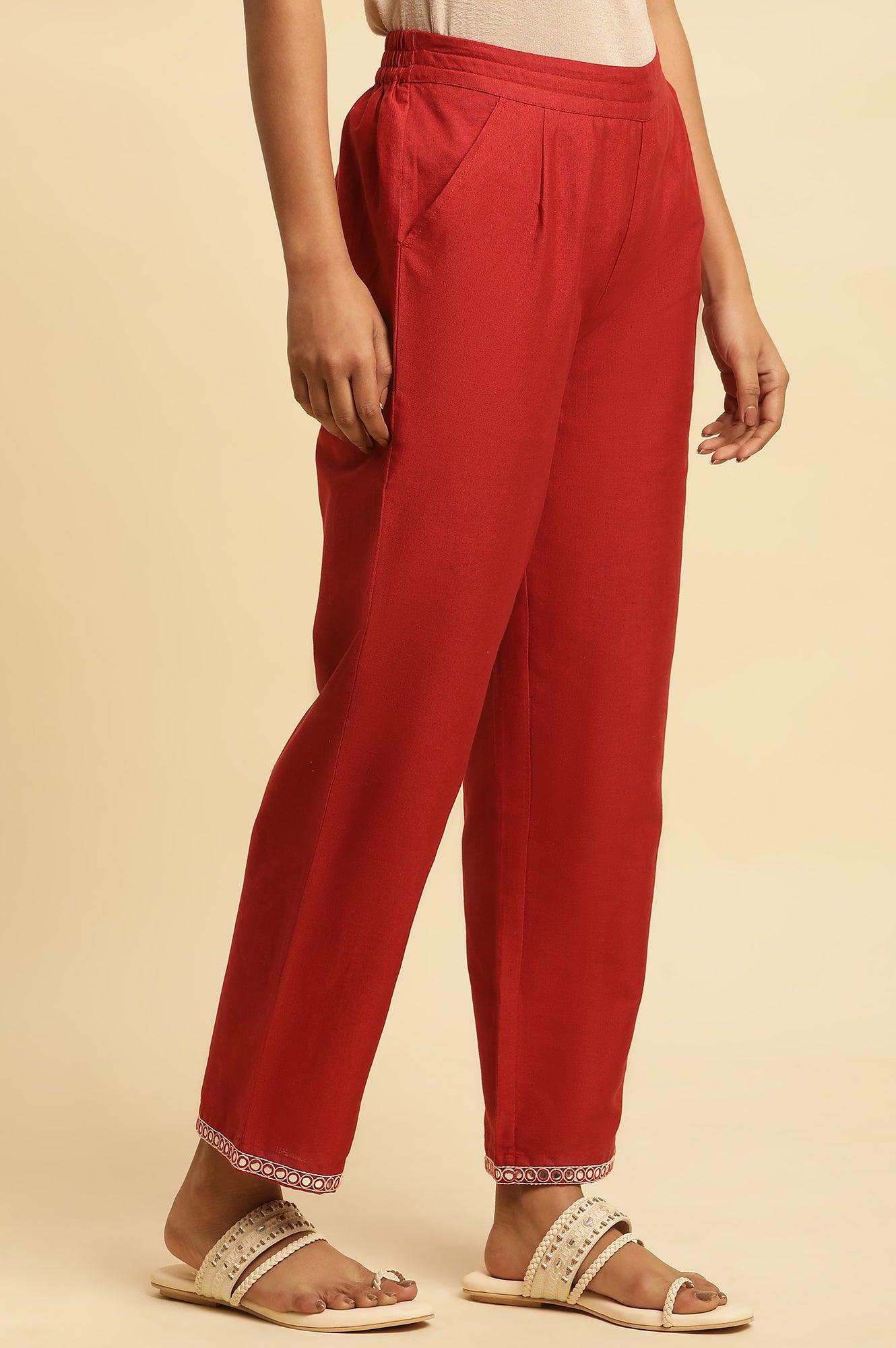 Red Cotton Flax Straight Pants With Embroidery - wforwoman