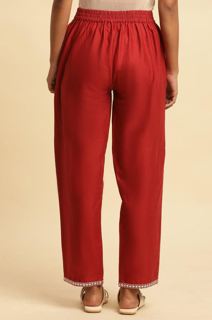 Red Cotton Flax Straight Pants With Embroidery - wforwoman