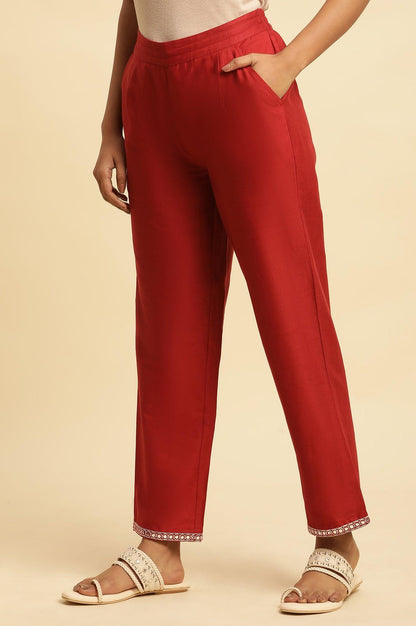 Red Cotton Flax Straight Pants With Embroidery - wforwoman