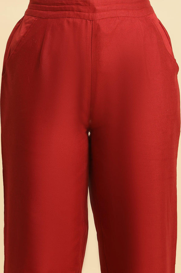 Red Cotton Flax Straight Pants With Embroidery