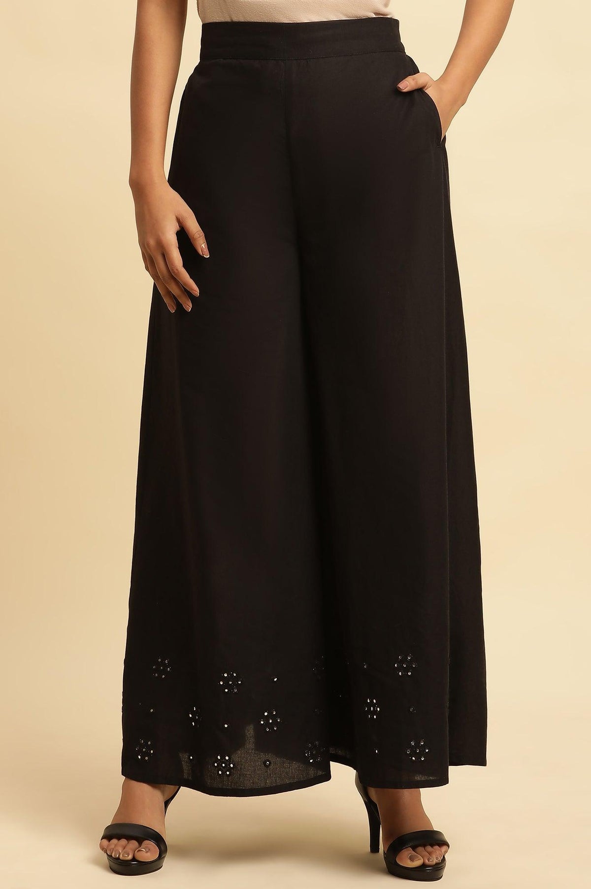 Jet Black Flared Culottes With Mirror Work - WG