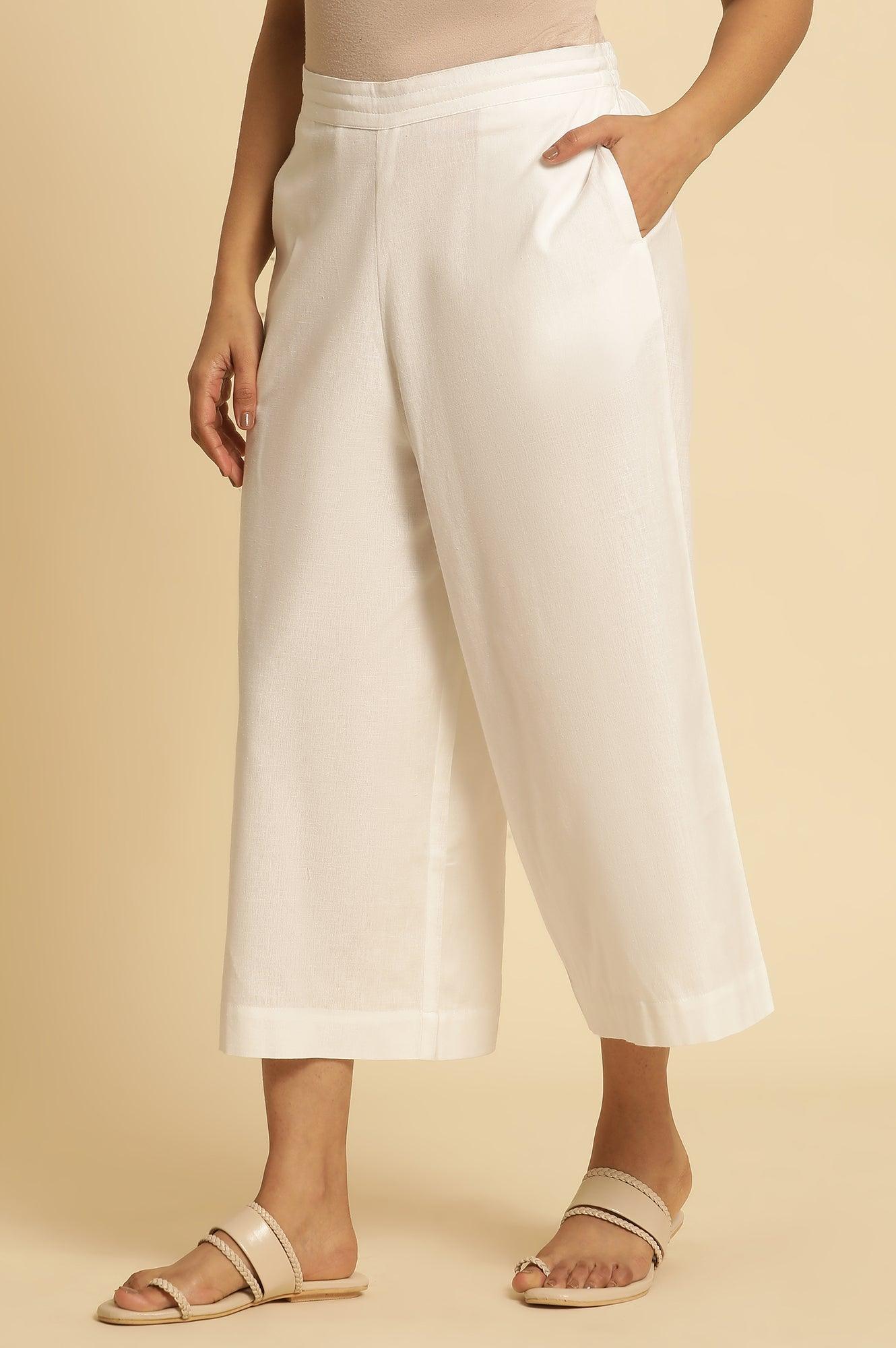 White Cotton Flax Flared Pants - wforwoman