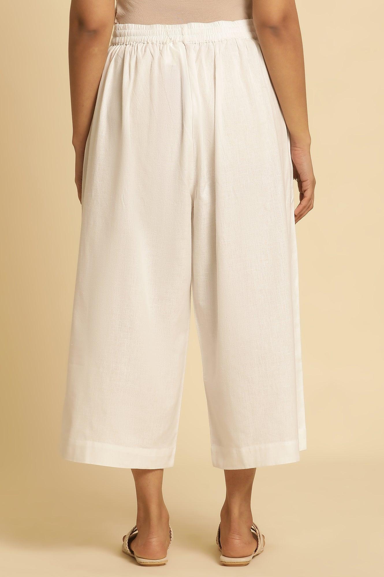 White Cotton Flax Flared Pants - wforwoman