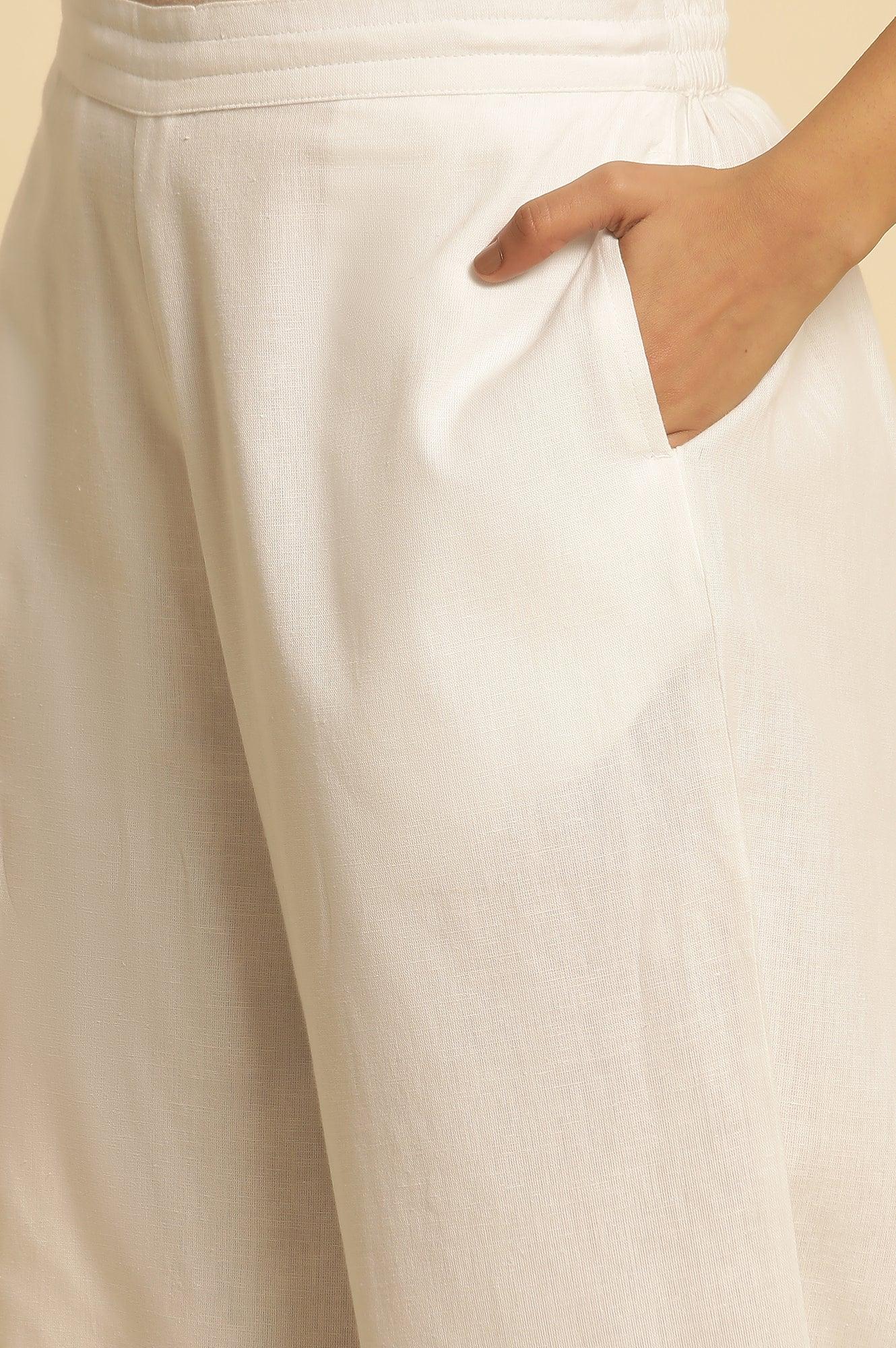 White Cotton Flax Flared Pants - wforwoman