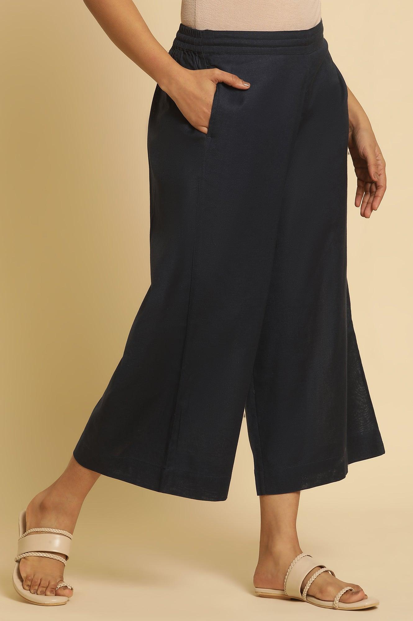 Blue Cotton Flax Flared Pants - wforwoman