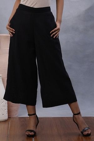 Black Cotton Flax Flared Pants