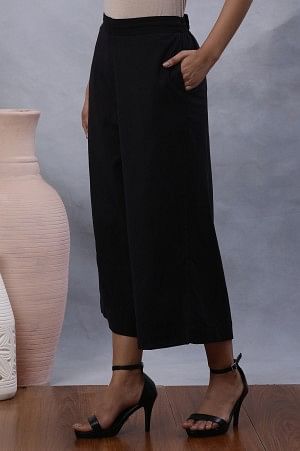 Black Cotton Flax Flared Pants
