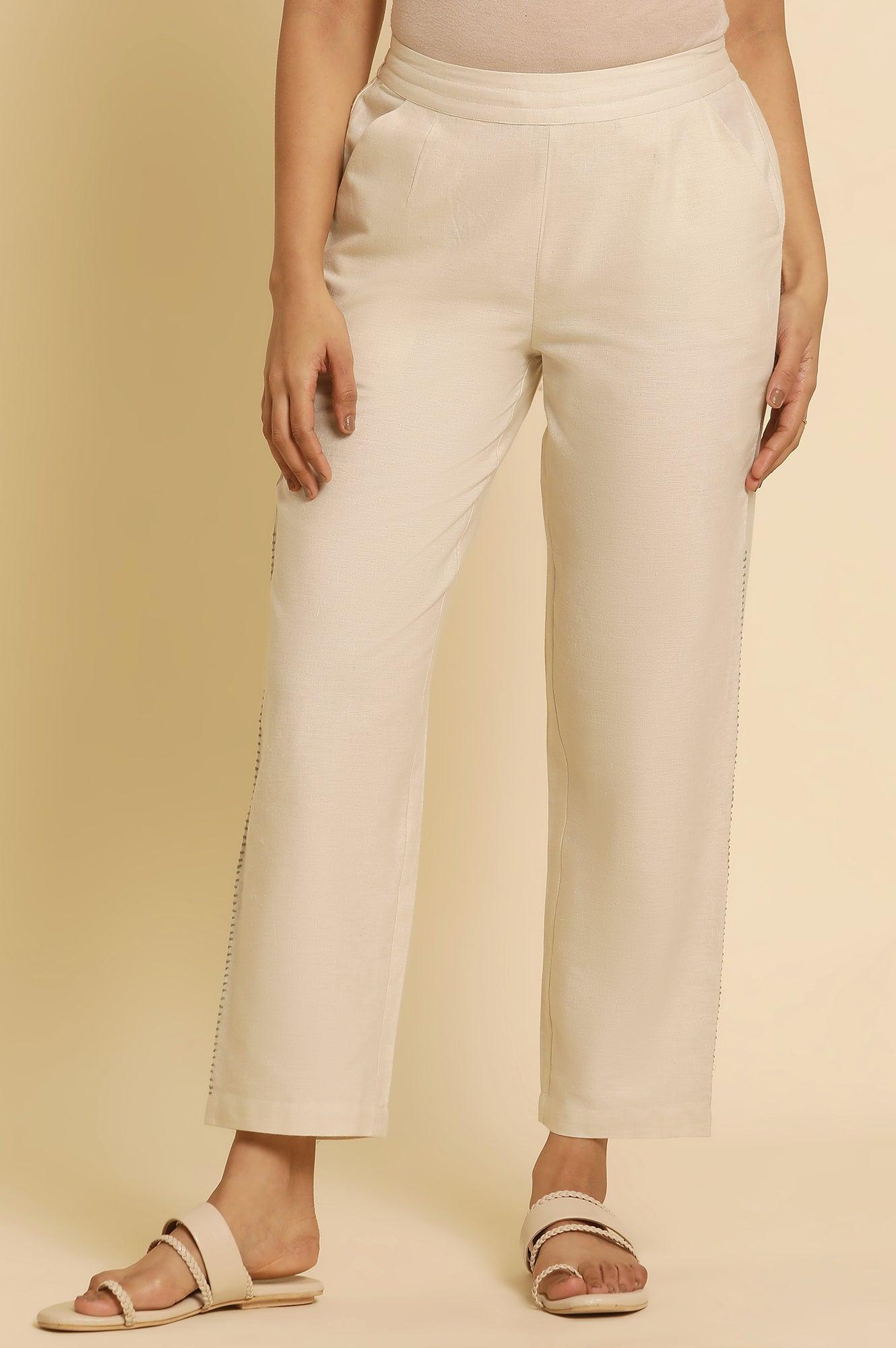 Off-White Cotton Flax Straight Pants - wforwoman